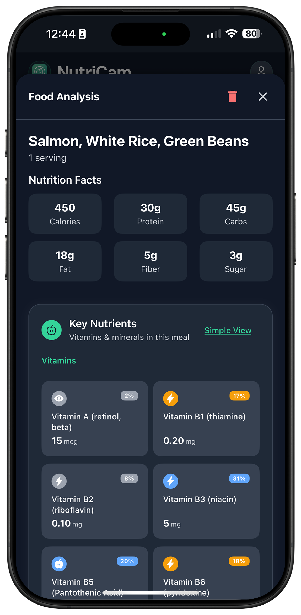 Food analysis card for salmon, white rice, and green beans with calories, macros, and vitamins